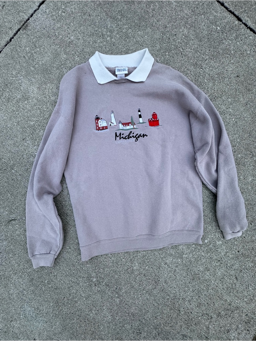 90’s Top Thread oat/grey Crewneck Sweater with White Polo Collar